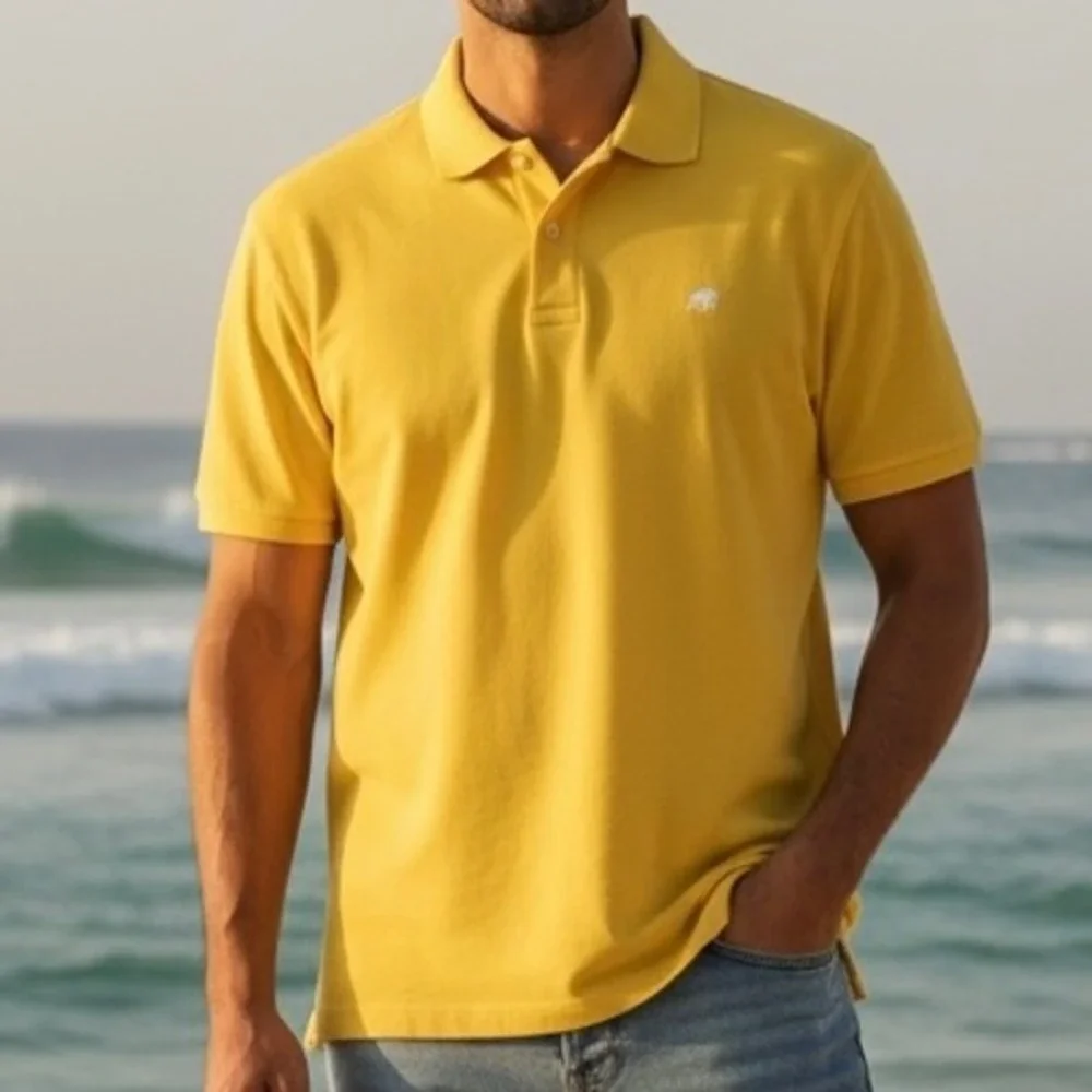 Banana Republic Mens XXL Tall Yellow Elephant Logo Pique Polo Shirt Short Sleeve